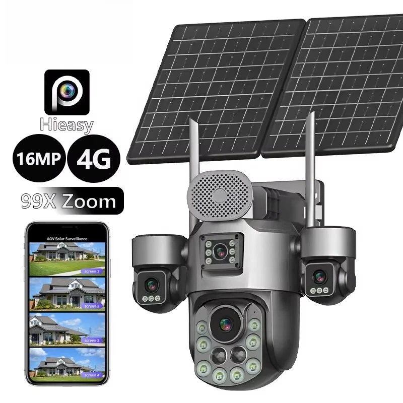 Cámara de Vigilancia Solar de 16MP con Cuatro Lentes, Cuatro Pantallas, Zoom 99X, Detección de Movimiento, Seguimiento Automático, Monitoreo en Línea las 24 Horas, Zoom 99X AOV
