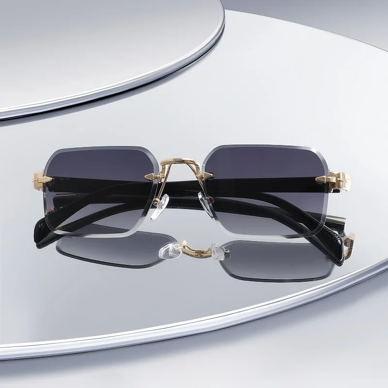 1pcs Unisex Rimless Metal Rectangular Sunglasses, Polycarbonate UV lenses. Lightweight, comfortable, for business & casual wear. - view 4