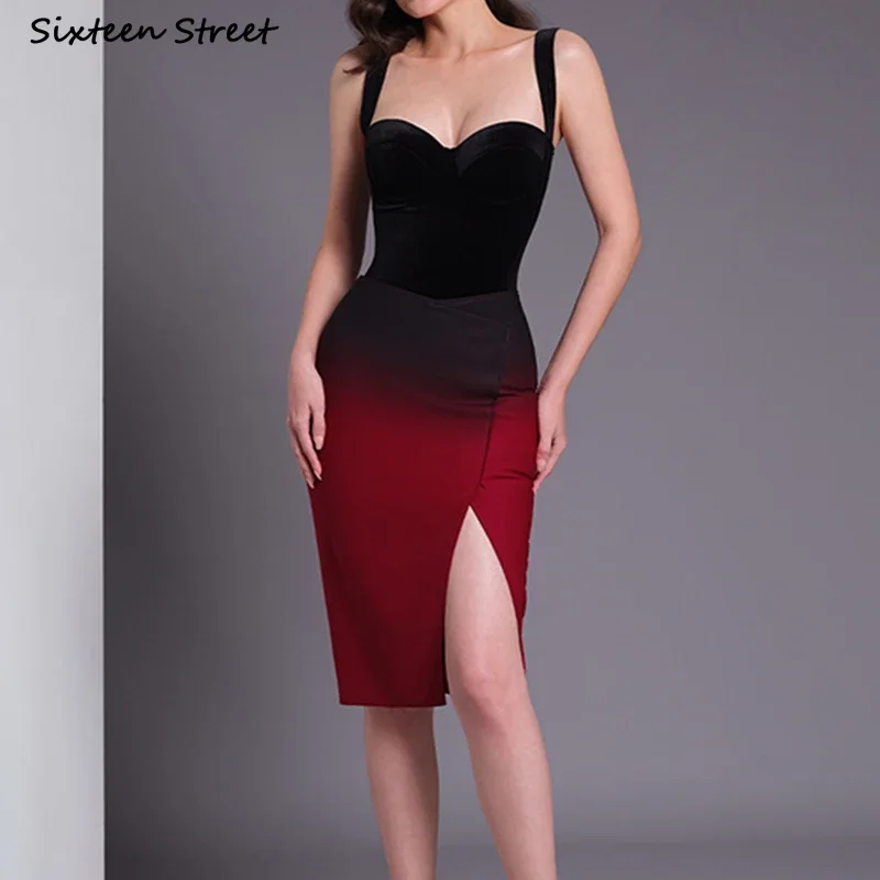 Vintage Black Tops + Split Skirts Women Summer Gradient 2 Piece Sets Elegant Business Runway Design Sleeveless Dress Set OL