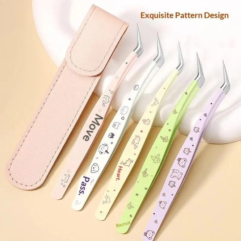 Stainless Steel False Eyelash Tweezers High Precision With Leather Case Lashes Extension Tweezer Anti-static Cartoon
