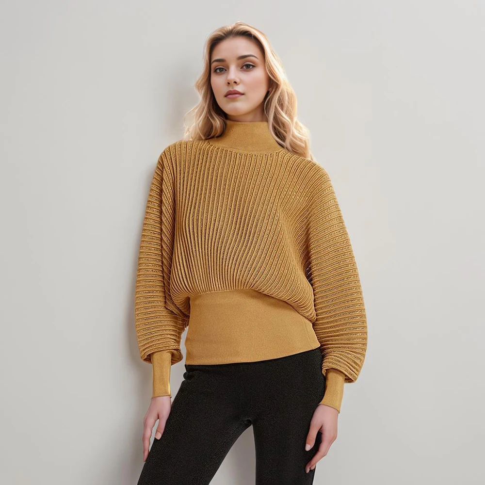 

Casual Solid Knitting Sewaters For Women Turtleneck Lantern Sleeve Minimalist Loose Pullover Sweater Female Fashion Style