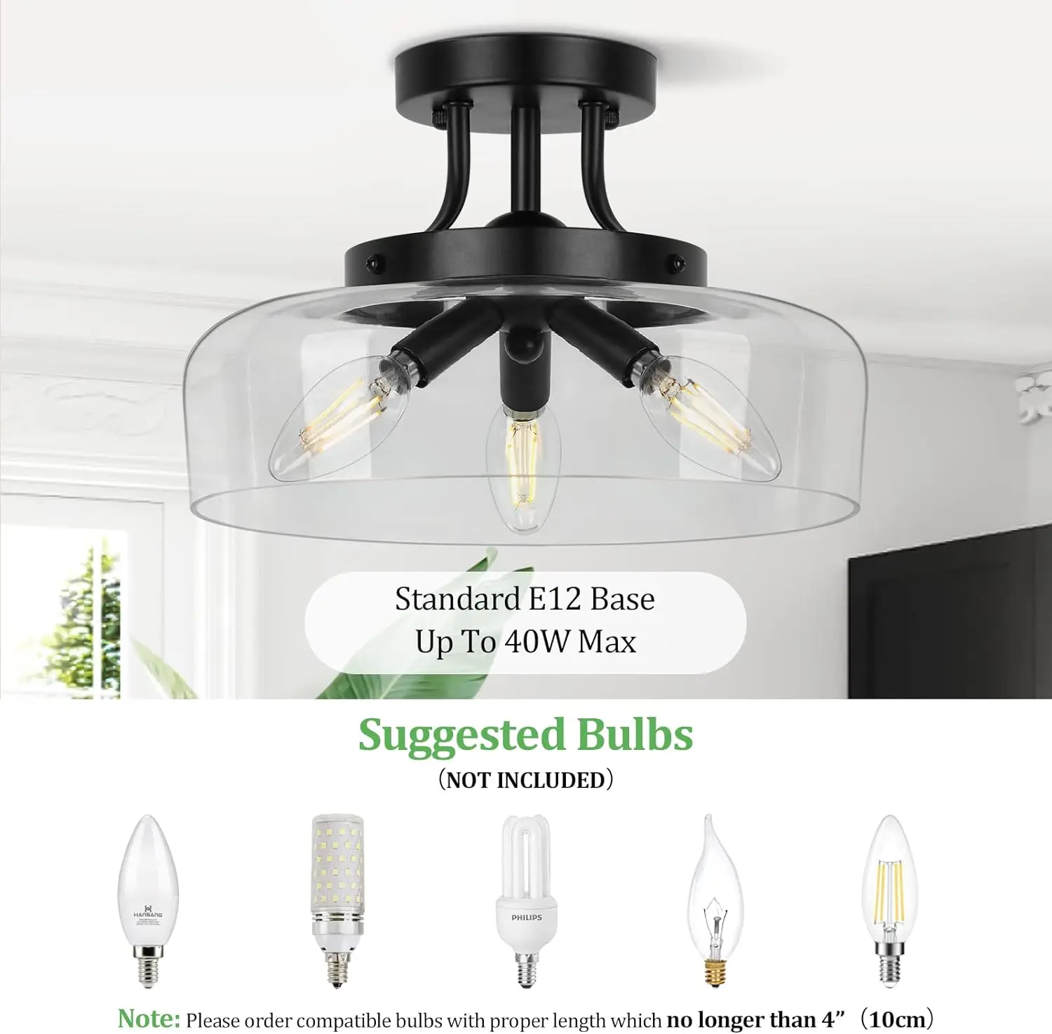 Modern Industrial Semi Flush Mount Ceiling Light With Clear Glass Shade, 3-Bulb Black Ceiling Light Fixture For Kitchen Bedroom