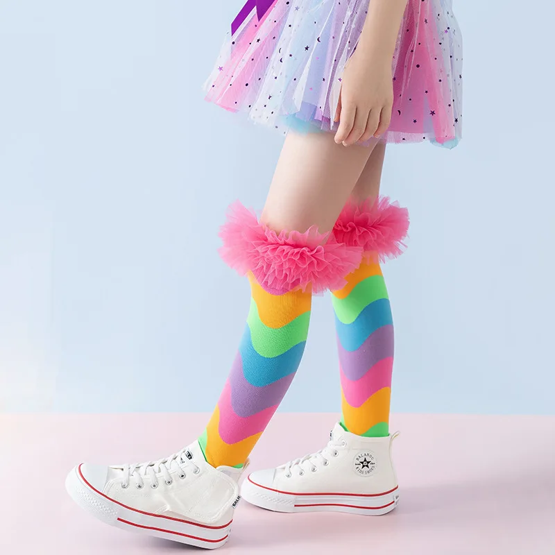 Girls Knee High Rainbow Socks with Lace Funky Colorful Stripe Socks for Kids Women Cute Funny Crazy Sock for Gifts