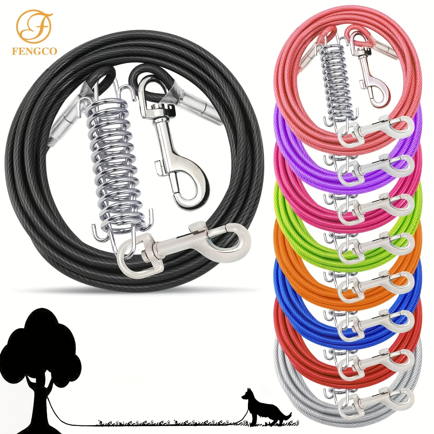 

10-50ft Heavy-Duty Dog Tie Out Cable with Spring - Flexible Long Leash for Yard Freedom - Durable Runner Lead for Outdoor Playti