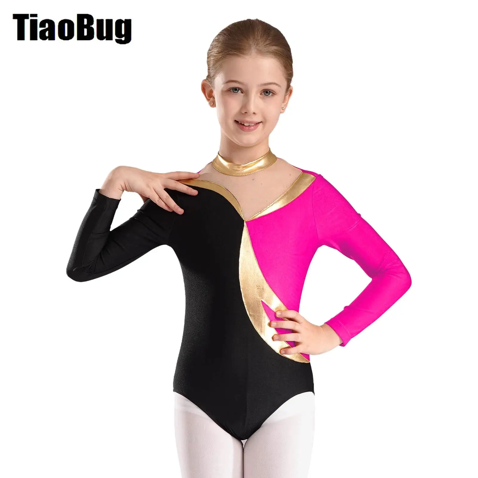 

Kids Girls Figure Skating Leotard Color Block Long Sleeve Mock Neckline Patchwork Keyhole Back Bodysuit for Dance Gymnastics