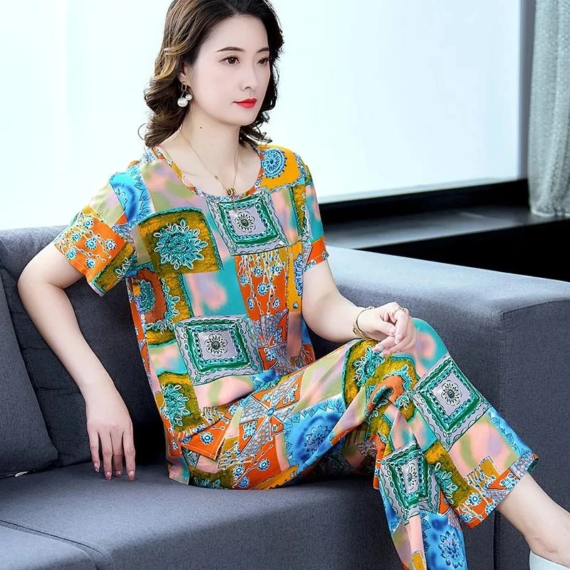 Women Summer Sets NEW Middle Aged Elderly Mother Cotton Silk Suit Casual Print Short Sleeve Top + Pants 2 Piece Set Femme Outfit