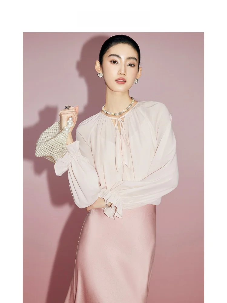 

Женская блузка MandyZhang Ele Pink с длинным рукавом, осенняя модная блузка с высокой талией из полимодального волокна, V-образный вырез, полупрозрачная, для девушек