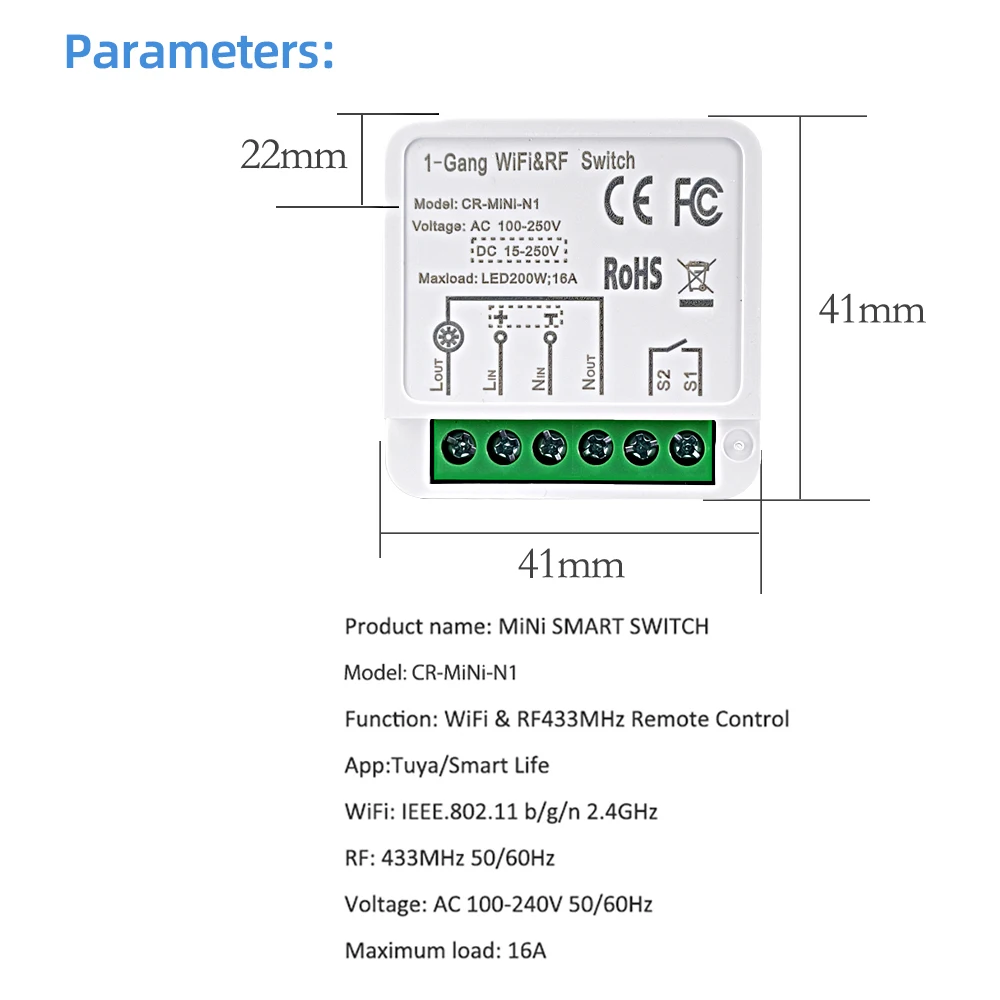 Mini Smart Switch WiFi&RF433 Remote Control 16A AC100-240V Tuya App Support Google Home Alexa Voice Control