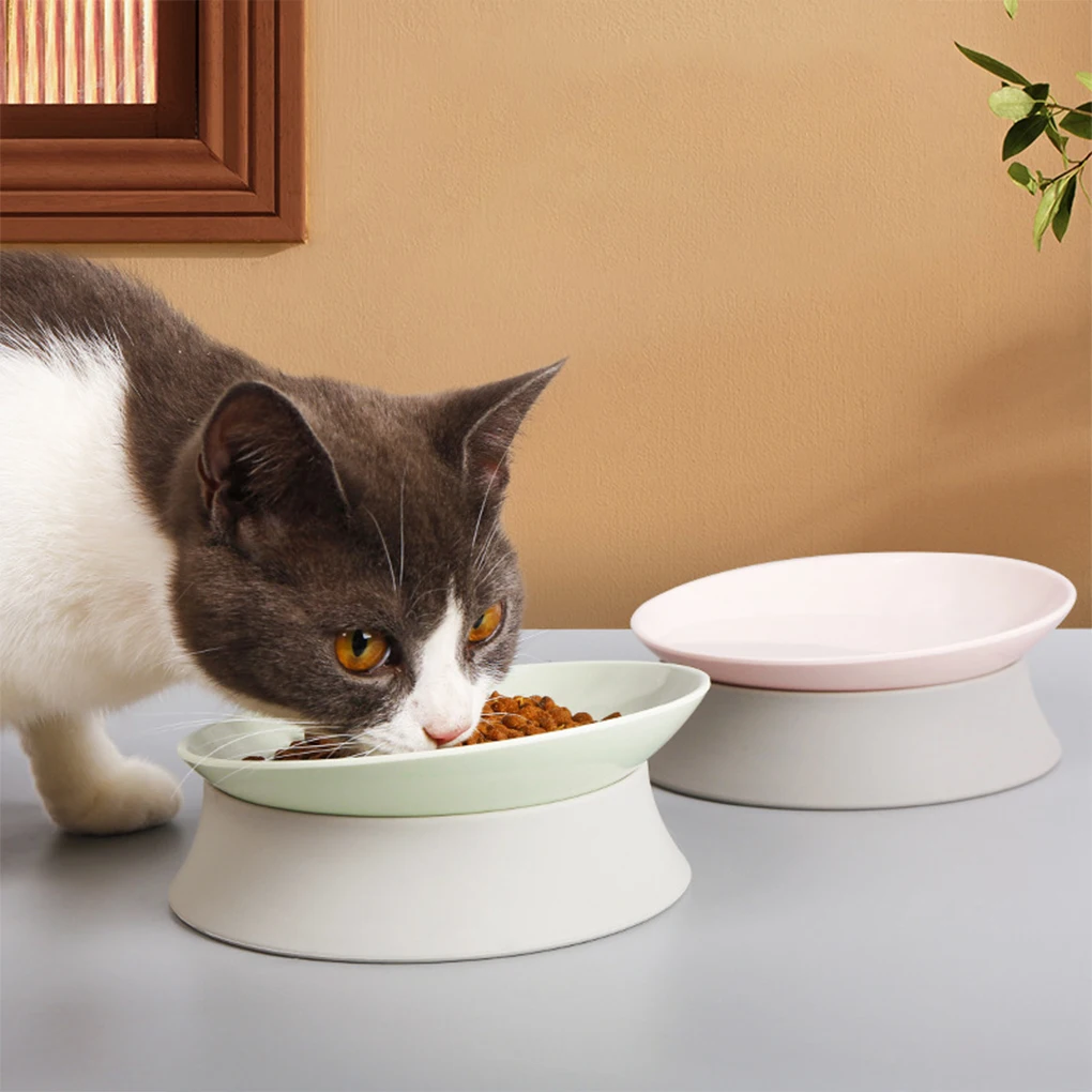 Easy To Clean Cat Double Bowl For Hygienic Feeding Tilted Neck Protection Moonlight Cat Bowl Light green