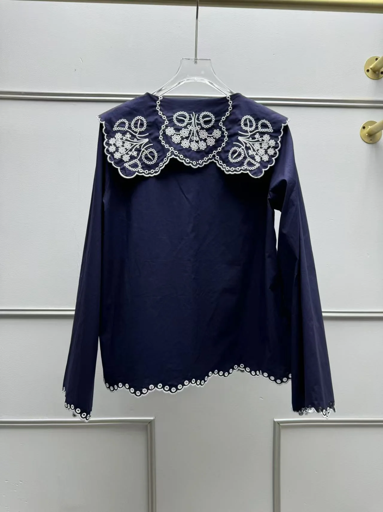 

Женская хлопковая блузка Ele с синей цветочной вышивкой и ажурным воротником, универсальная, осенне-зимняя, новая, во французском стиле