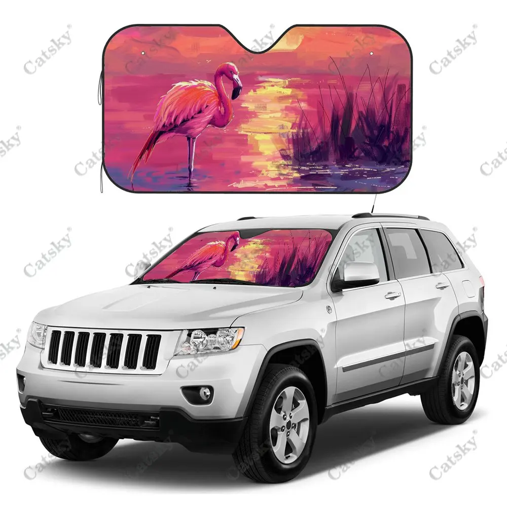 Hot Pink Flamingoes Sunset Print Car Windshield Sunshade, Auto Accessories Front Windshield Sun Visor Blocks Uv Rays Protect