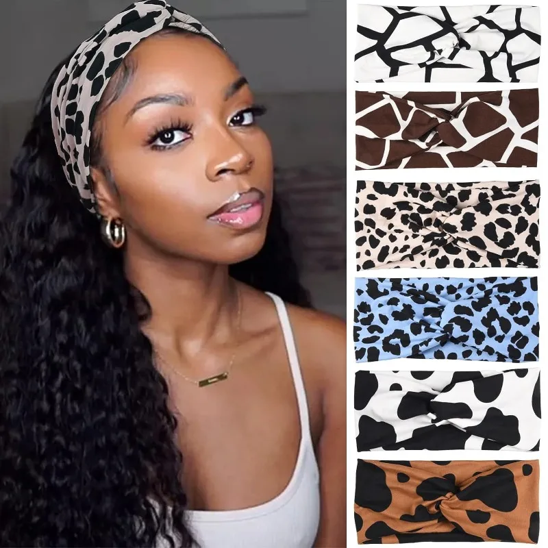 Wide Headbands Women Men Non Slip Stretchy Boho Hair Bands Womens Headwraps Cheetah Print Knoted Turban Hair Accessories