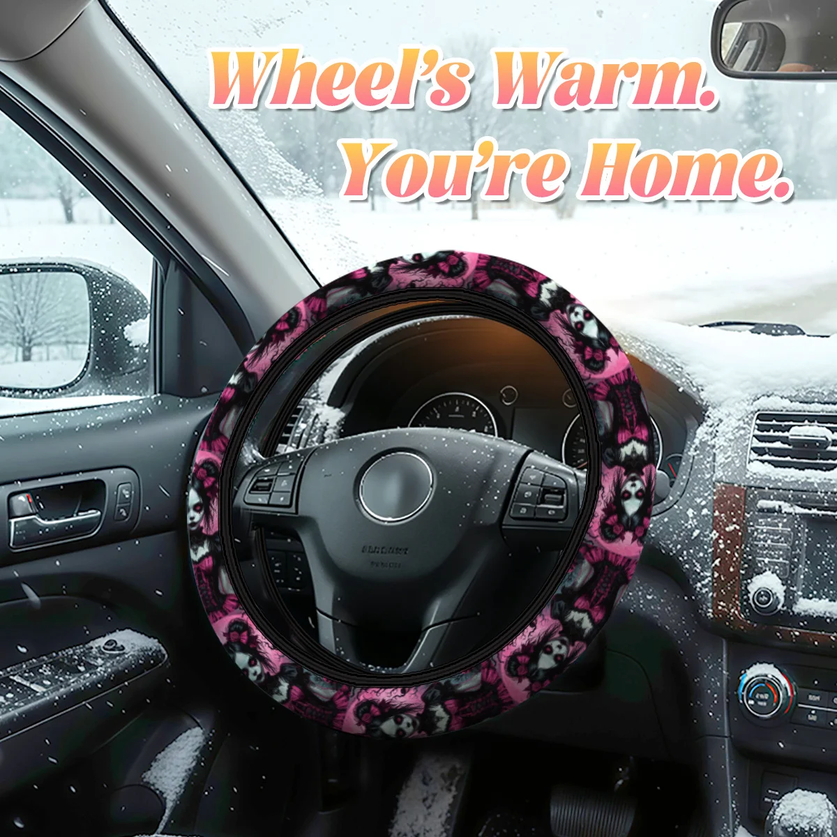 Dark Gothic Style Skull and Rose Girl Steering Wheel Cover, 15-inch Steering Wheel Cover, Suitable for Cars, SUVs, Etc