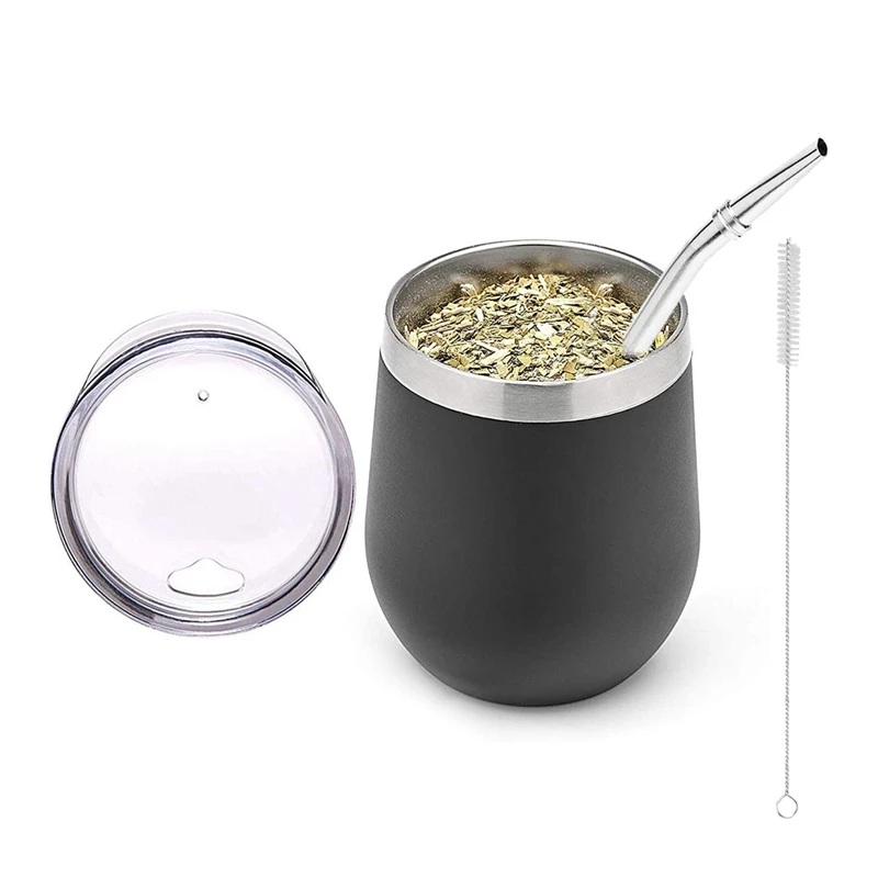 Double-Wall Stainless Yerba Gourd Mate Tea Set Coffee Cups Water   Cup with Lid Spoon Straw Bombilla Head Filter Brush