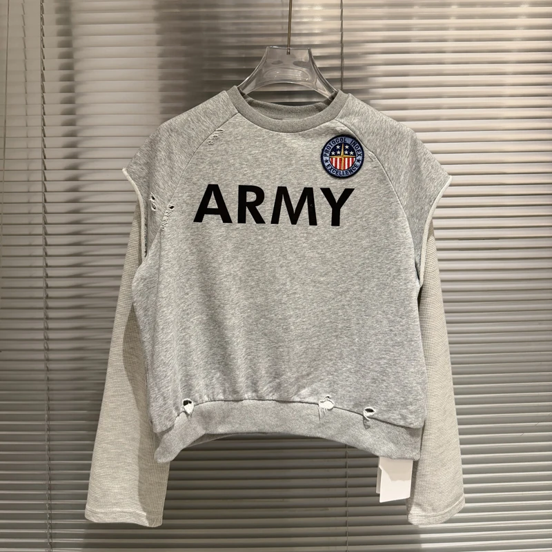 Protocol Index Long Sleeve Fake Two Piece Splicing Waffle Badge Embroidered Retro Printed Long Sleeve Hoodie