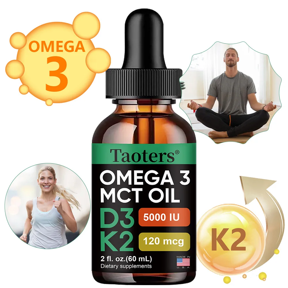 

Капли витамина D3 K2, жидкость витамина D 5000 IU с маслом Omega 3 и MCT, без ГМО для поддержания иммунитета, пищевая добавка, 60 мл