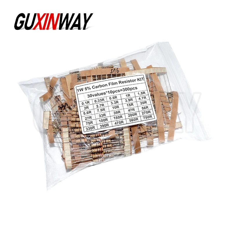 300pcs 30Values Resistor Kit 1W 5% Carbon Film Resistance 0.1-750 ohm Assorted kit 30Values*10pcs