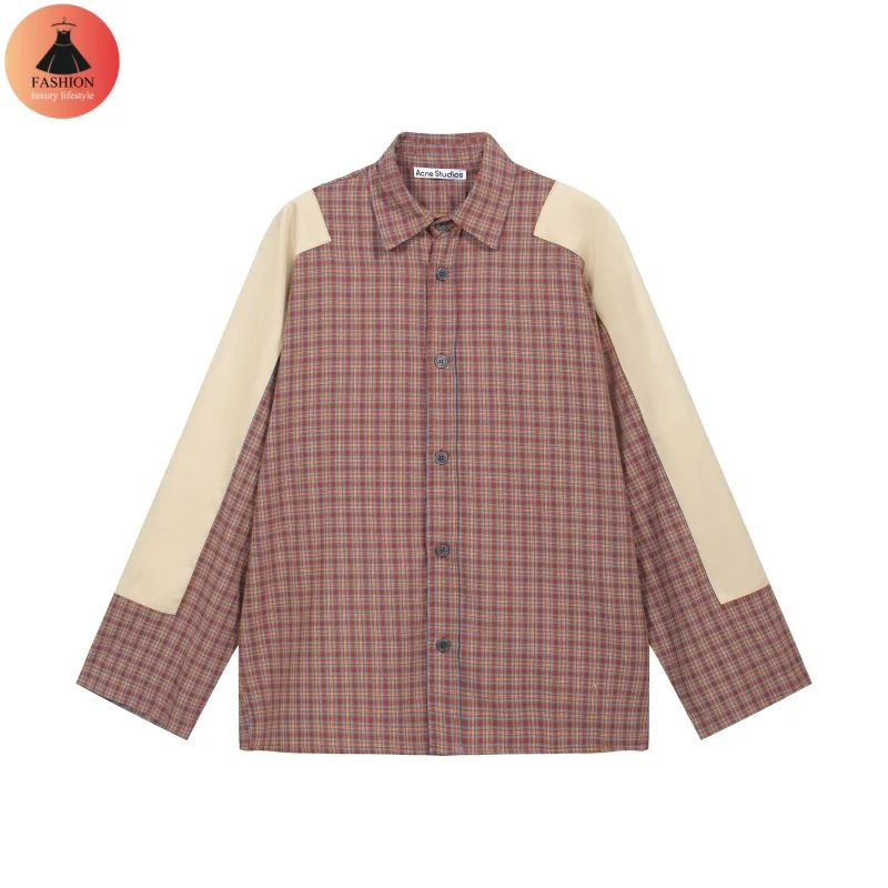 Latest High Quality 1:1 24SSAC Flannel Plaid Collar Patch Patchwork Colorblocking Loose Cuffs Long Sleeve Shirt Men's Women's