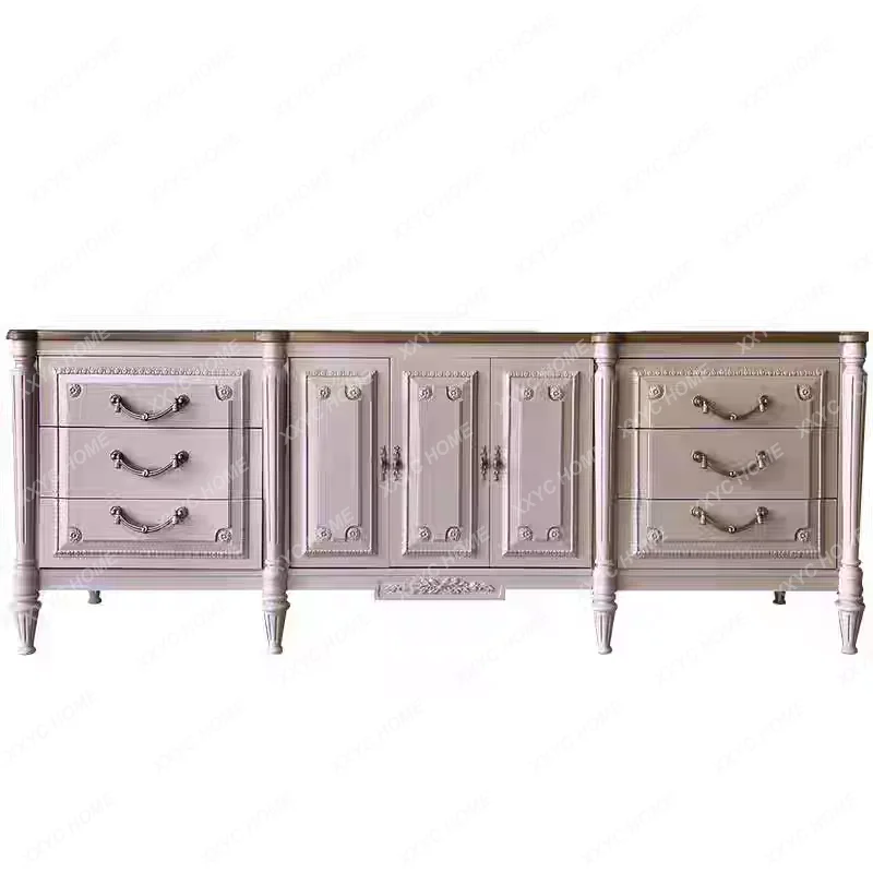 TT  solid wood TV cabinet villa living room contrasting color storage cabinet retro carved storage side cabinet