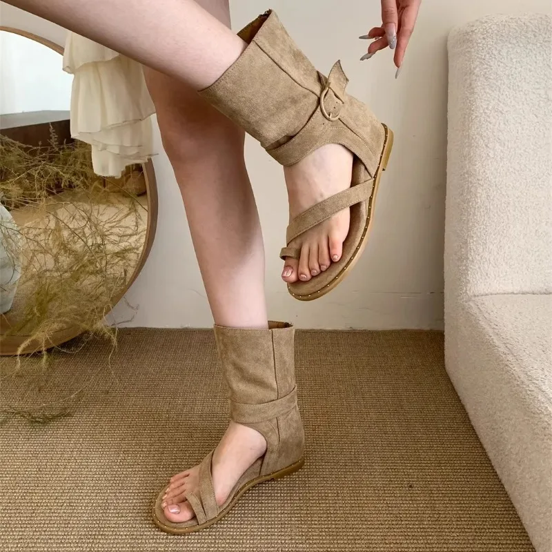 

Trendy Designer Women's Sandals Boots Y2k Gothic Open Clip Toe Boots Suede Belt Buckle Knee High Booties Shoes