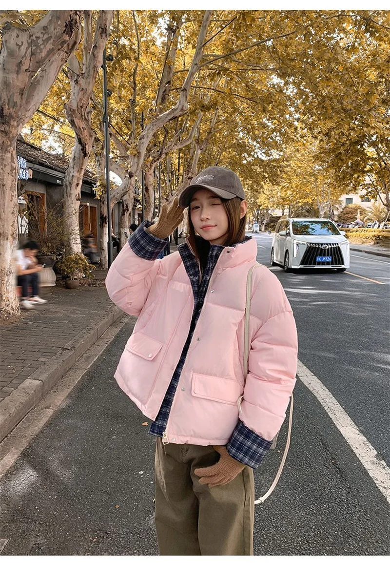 グリッドスプライシングコットンジャケット レディース ショート丈 2025秋冬新作 ショートコットンジャケット トップス レディース ブレッドジャケット