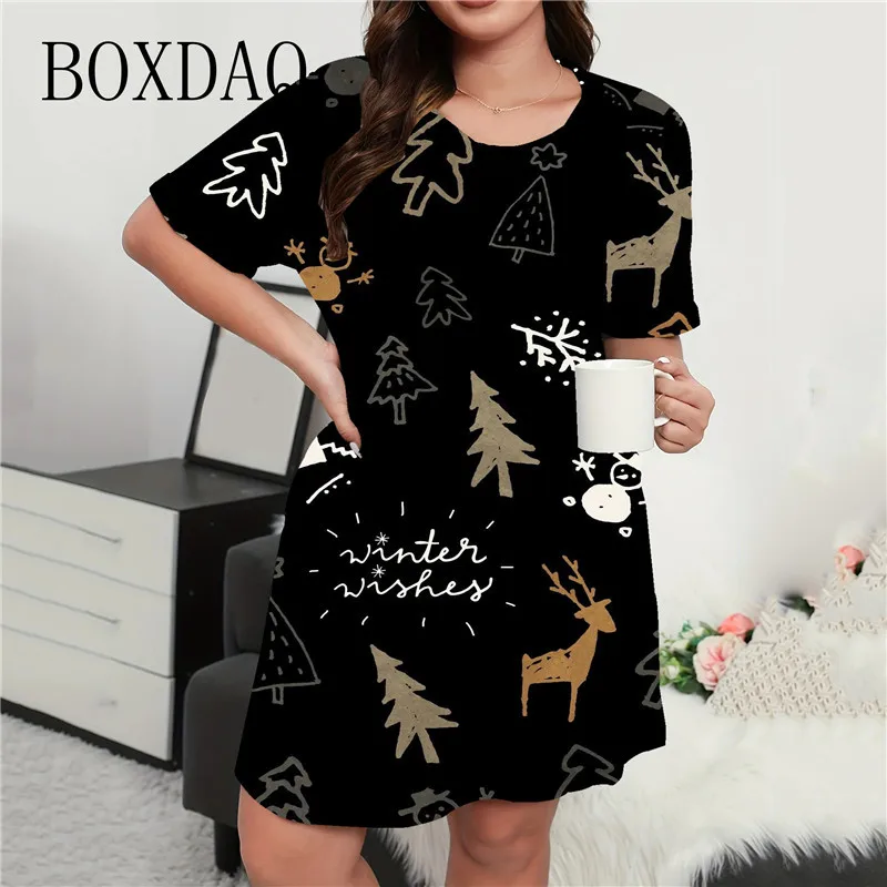 Cartoon Christmas Tree Print Dress For Women Fashion Short Sleeve Loose A-Line Dress Casual Christmas Party Evening Mini Dresses