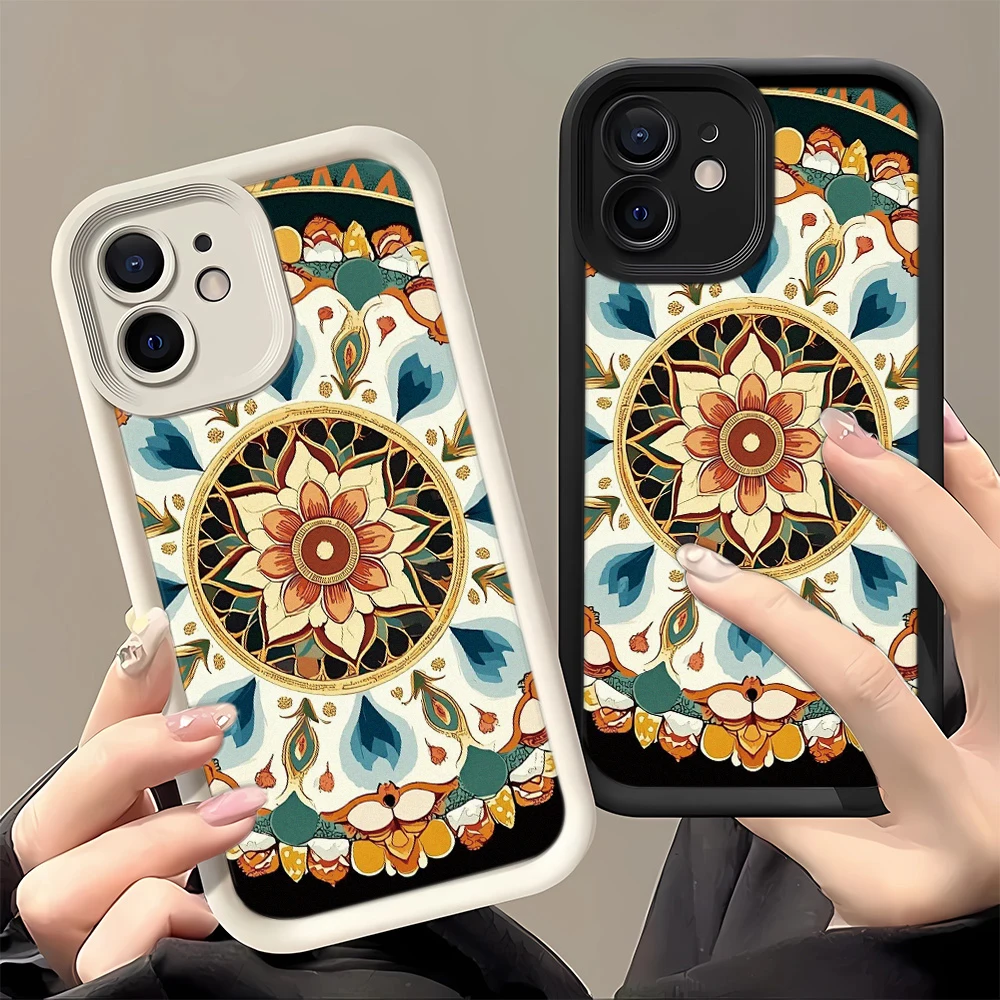 Mandala Floral Phone Case For iphone 11 12 13 14 15 16 17 18 Pro Max Vintage Bohemian Half Sun Anti-Slip Silicone