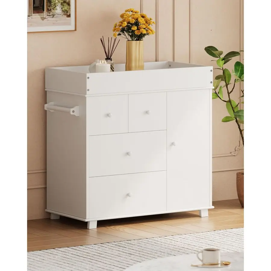 

Changing Table Dresser, Nursery Baby Dresser with 3 Drawers and a Cabinet, Modern Diaper Changing Station with Pad, Storage Crib