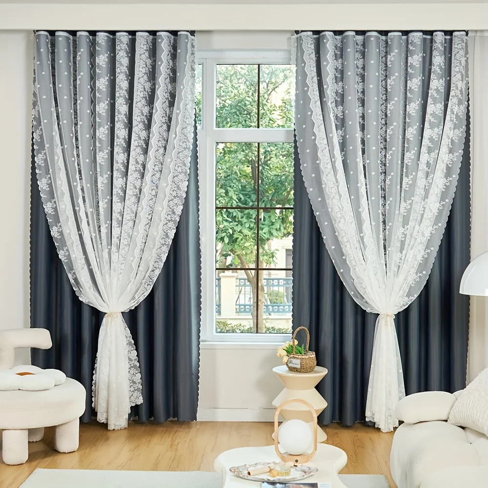 Floral Pattern Blackout Curtains, Japanese Style Double Layer Design, Fashionable Sunshade Curtain for Room Decor, Bedroom Acces