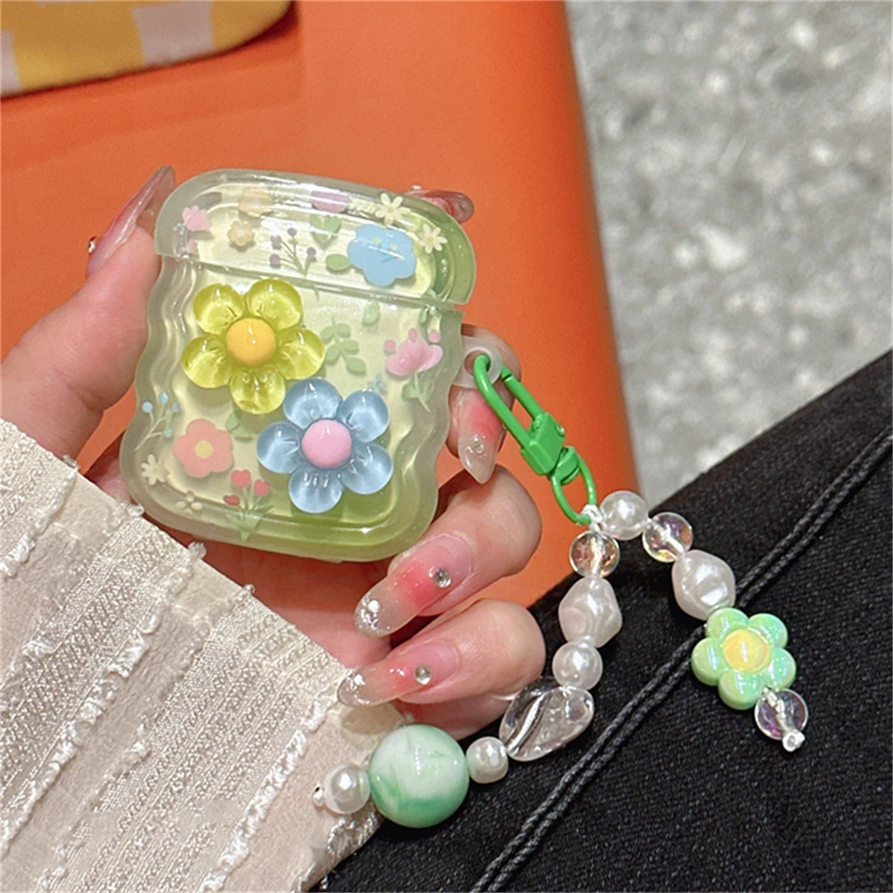 Cute Flower Green Headphones Case For AirPods 1 2 3 With Love Heart Beads Pendant Protective Shell Soft Cover For AirPods Pro 2