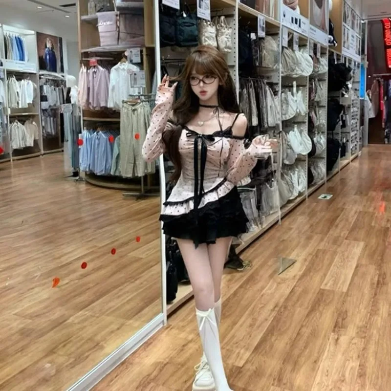 2025 New Autumn Sweet and Spicy Girl Fluffy Dress Set French Temperament Wave Point Lace Edge Camisole Shirts and Dress Set