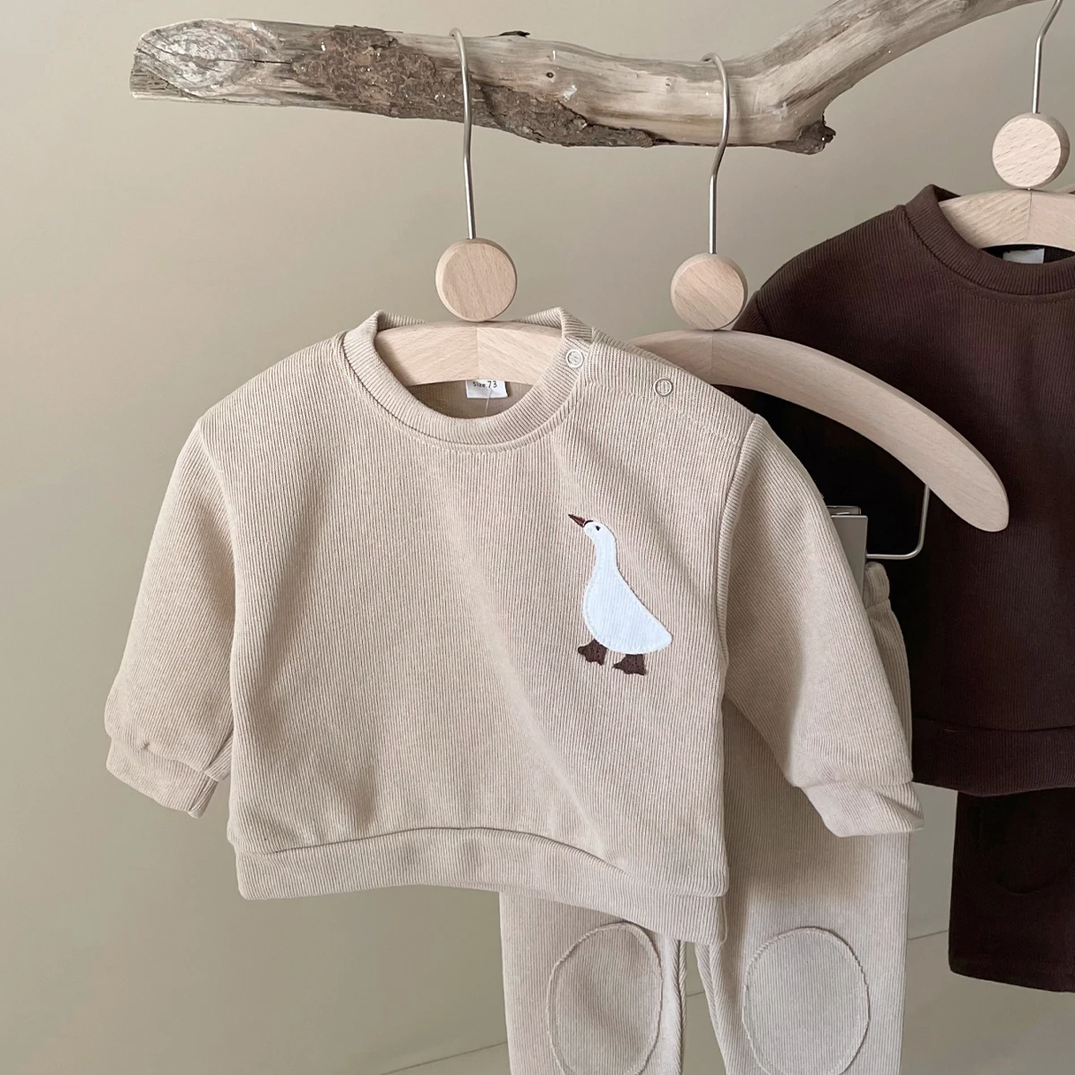 Newborn Baby Autumn Long Sleeve Cartoon Big Goose and Little Bear Pattern Patch Cotton Top+Casual Pants Preschool Clothing Set