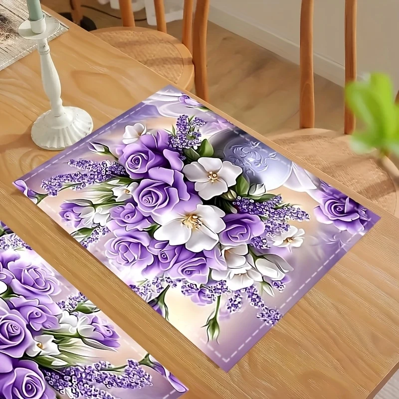 VIKAMA 4-Piece Placemat Set Purple & White Vase Design Machine Washable for Family Gatherings And Restaurants