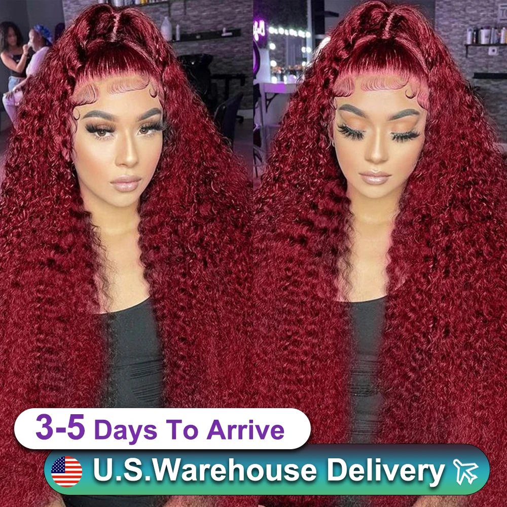 99j burgundy 30 32 Inch Curly 13x4 HD Lace Front Human Hair Brazilian Red Colored Deep Wave Lace Frontal Wigs For black Women