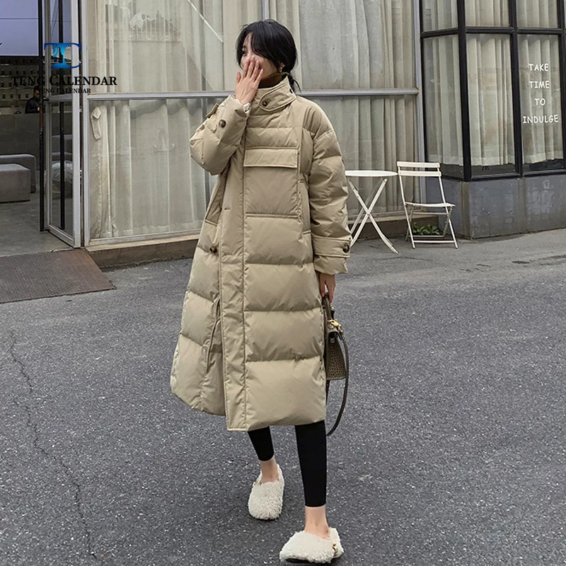 Chaqueta de plumón de pato blanco con bolsillos grandes, Chaqueta larga de cuello alto, gruesa y cálida, nuevo modelo, invierno, 2024