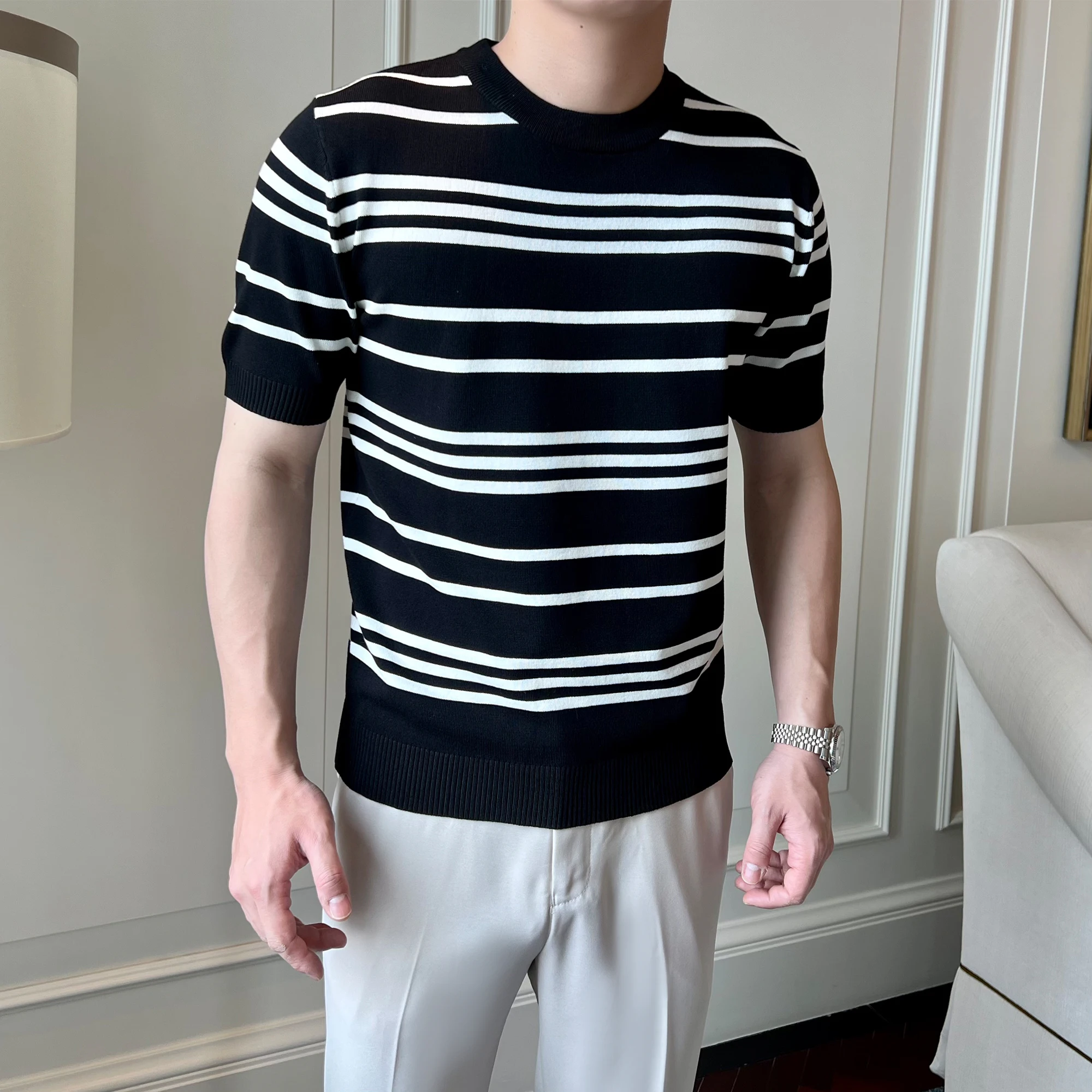 

2024 Men Summer Fashion Striped Short-sleeved T-shirt Men's Round Neck Knit Tops Tees Male Business Casual Sweater T Shirts D686