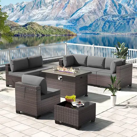 8 Furniture 8 Piece Wicker Patio Furniture Set with Fire Pit Table, Customized