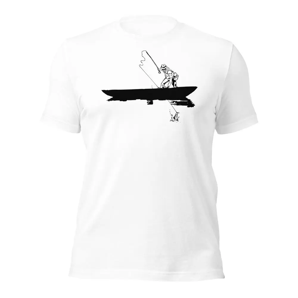 Thrill of the Catch Fishing Enthusiast T-Shirt with Graphic of Fisherman Reeling  High Quality 100%Cotton Short Sleeve