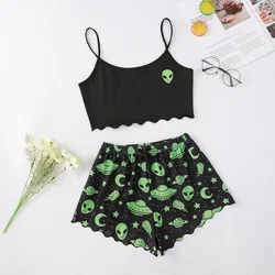 Sexy Alien Print Sling Sleepwear Women's Pajamas Set V-Neck Pyjamas Female Homewear Sleeveless Cute Top And Shorts