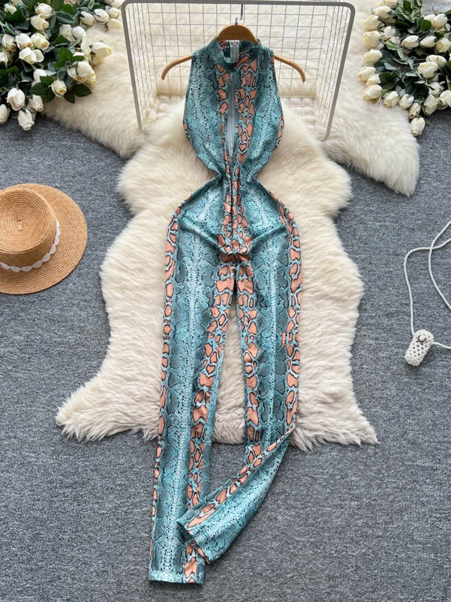 Foamlina European Retro Socialite Snake Print Jumpsuit Women Summer Sleeveless Tight Streetwear Mature Sexy Girl Long Pants