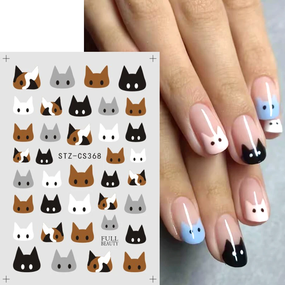 2 Stück Niedliche Katzen-French-Tip-Nagelaufkleber Schwarz Braun Katzenkopf Cartoon-Tier-Slider für Nageldesigns DIY Maniküre-Dekoration – Detail 3