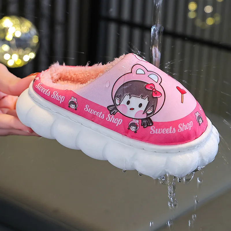 New Winter Waterproof Cute Cartoon Warm Indoor Mule Soft Non-slip Fluffy Slippers For Kids Boys Girls Children Home Cotton Shoes