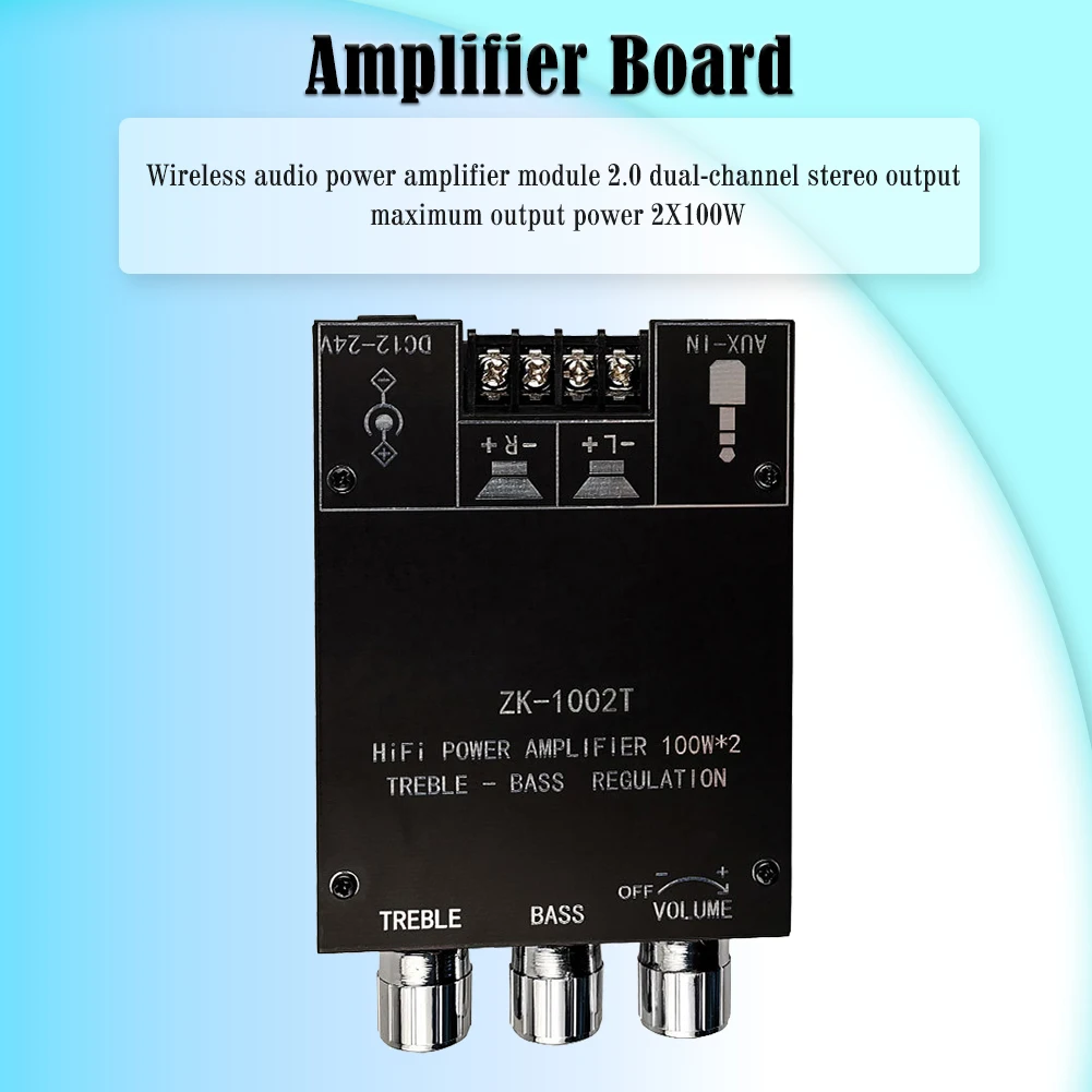 ZK-1002T 2.0 Channel HIFI Bluetooth Amplifier Board 100W x 2 Stereo Subwoofer Module with Treble and Bass Control