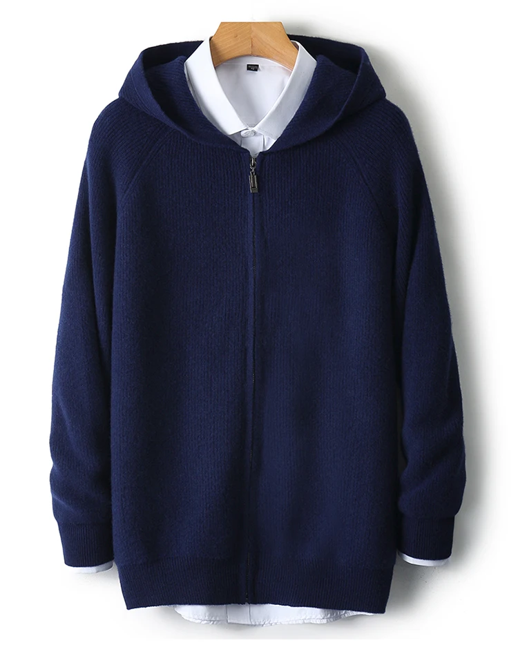 

Осень и зима, новый кардиган на молнии из 100% чистого кашемира, мужской утепленный свитер с капюшоном, свободная шерстяная вязаная куртка большого размера