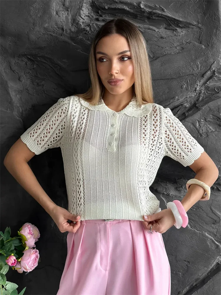 Tossy Hollow Out Knit Polo Shirt Women Summer French Vintage Scalloped Cropped Sweater Short Sleeve Tops Casual Knitwear Blouse