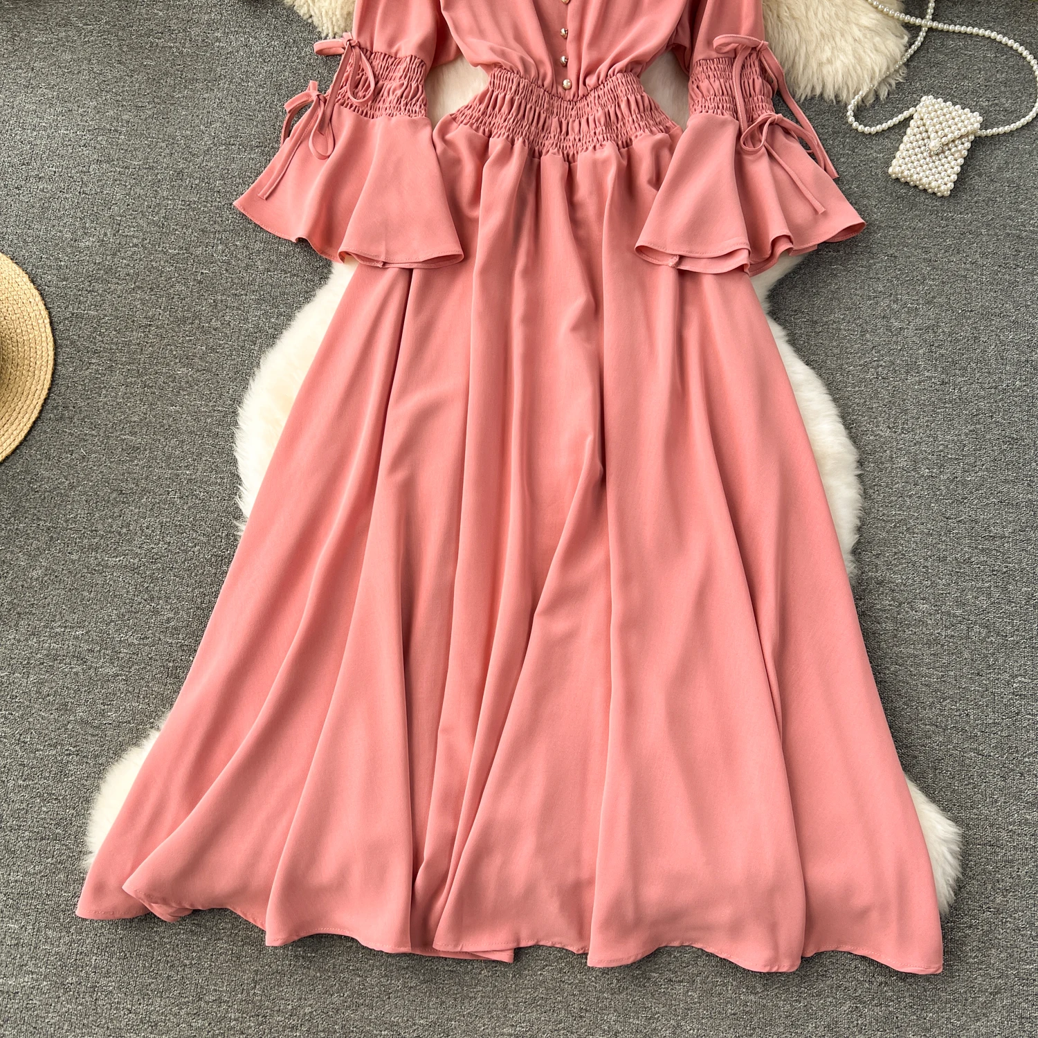 Vintage Elegant Pleated V-neck lare Sleeve Print Dress A-line Fashion Beach Spring summer Vestidos Women Belt sweet Dresses