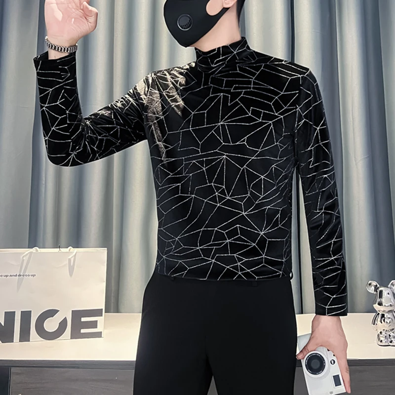 

Bright Striped Slim Fit Velvet Men's T-shirt Long Sleeve Men Tees Shirts Luxury Elegant All Match Elastic Bottoming Shirt Homme