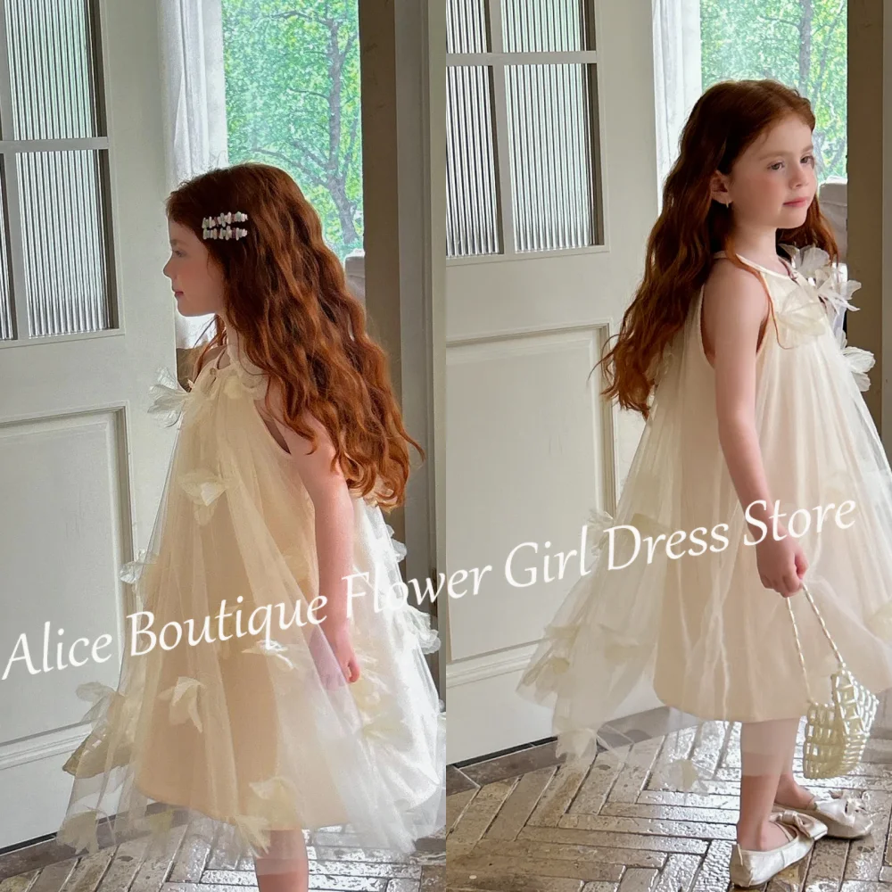 

Fairy Halter Sleeveless A-Line Tea Length Appliques Tulle First Communion Dresses Kids Lovely Birthday Party Gown Customized