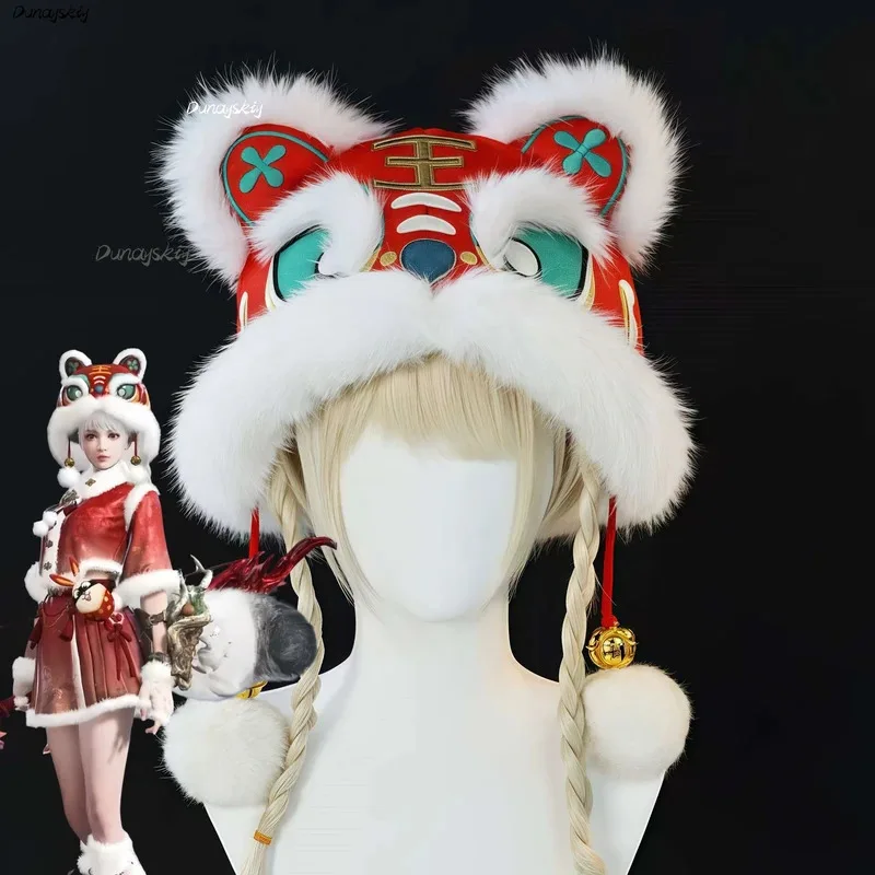 CNY Китайский Новый год Нарака: Bladepoint Hutao Косплей Cheongsam Набор Праздничная зимняя голова танца льва Плюшевая шапка Пушистая костюмированная