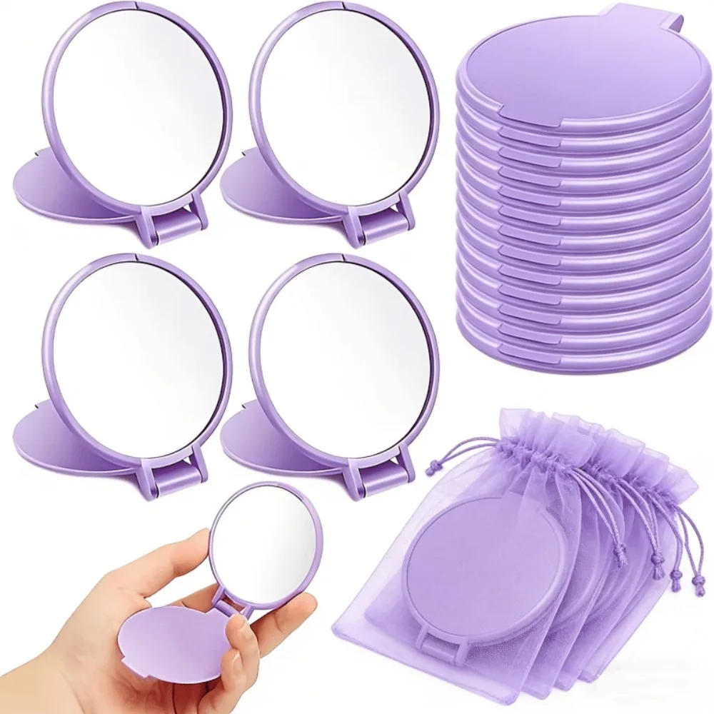 10–50 Sets lila Mini-Klappspiegel, tragbarer runder Reisespiegel mit lila Tasche, Kunststoffrahmen, polierte Oberfläche für Damen
